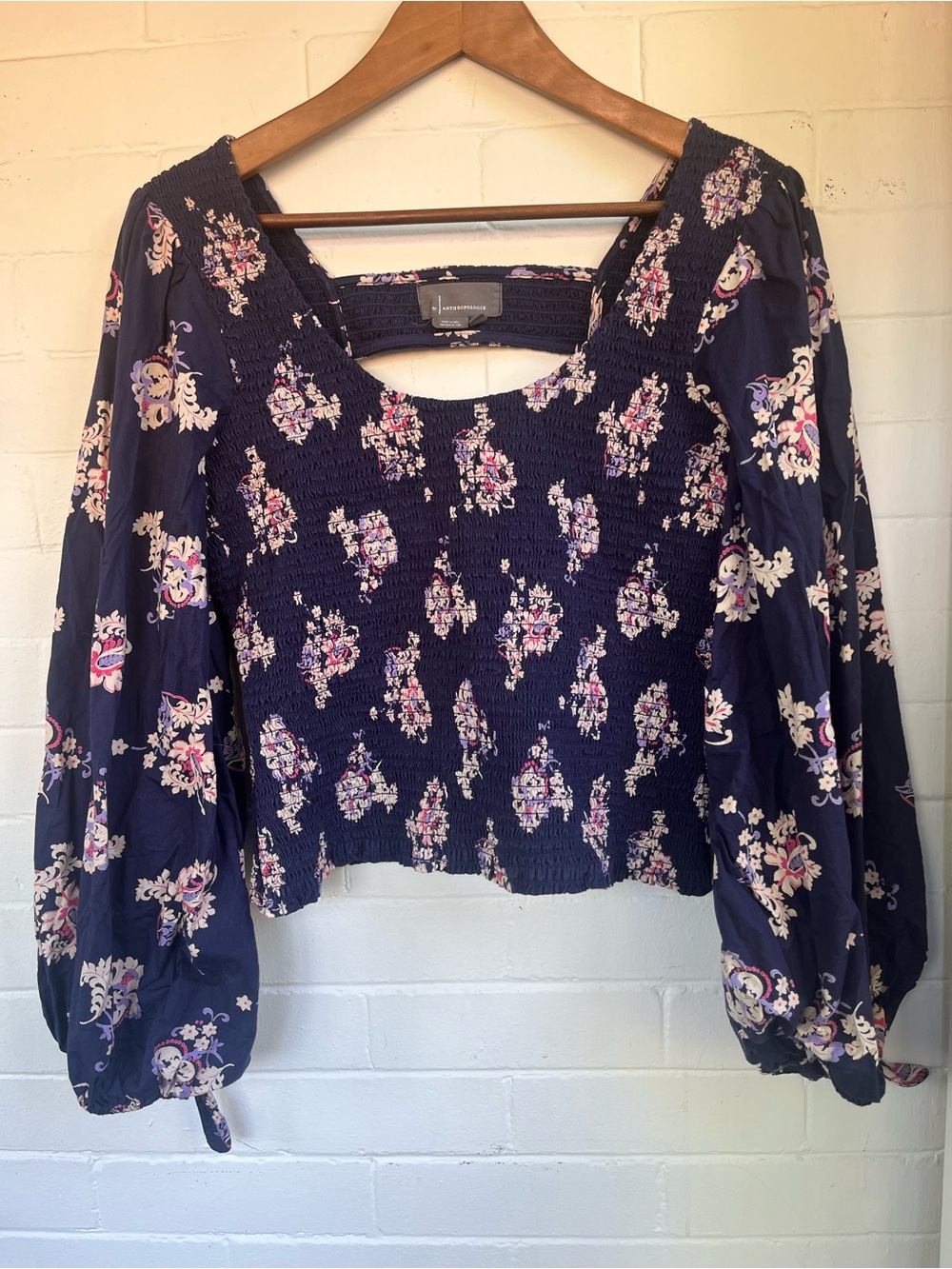 Anthropologie Smocked Navy Floral Balloon Sleeve Back Cut Out Women's Top Size S